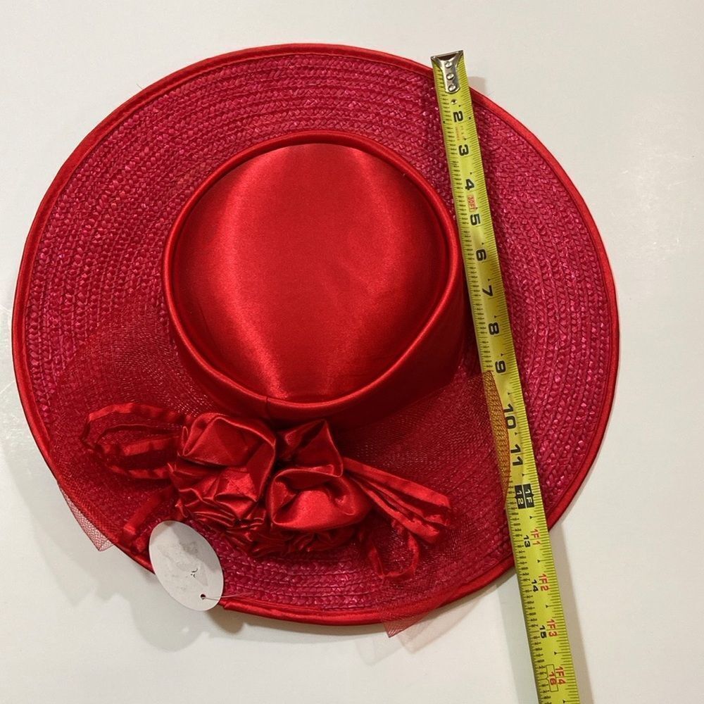 Liya 💯 Straw Women’s Elegant Red Wide-Brimmed Hat With Floral Embellishments - Picture 4 of 14